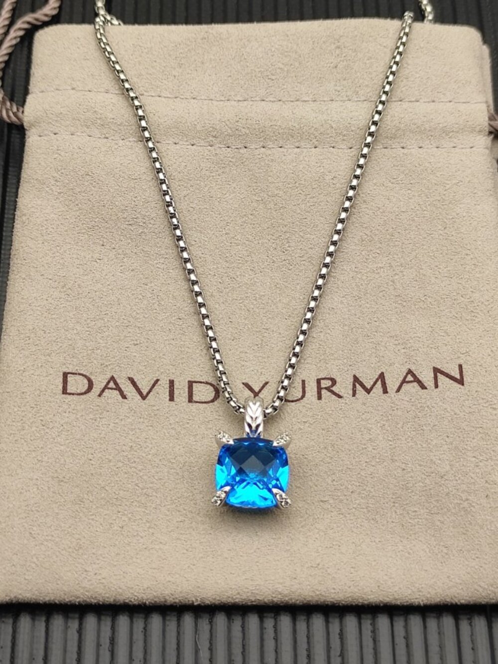 David Yurman 11mm silver four-prong blue  necklace